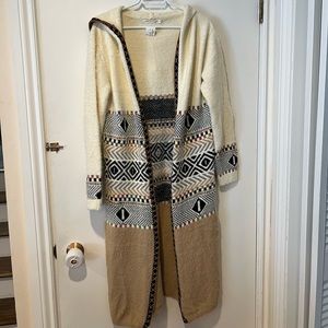 Long hooded cozy sweater